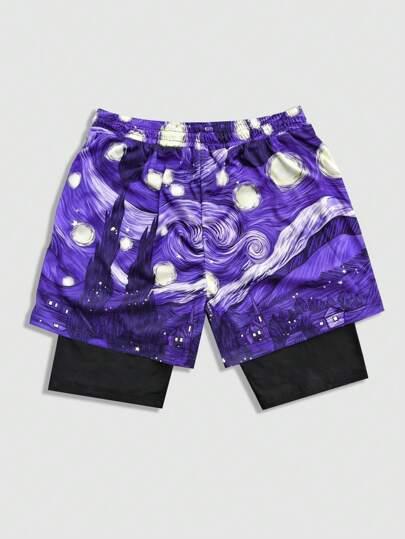 Street Life Men's Casual Painting Print Drawstring Waist 2 In 1 Basketball Shorts