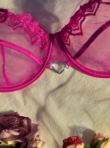 Plus Size Romantic Embroidery Lingerie Set With Underwire Lift & Support Bra, For Valentine's Day - Pink - View 5