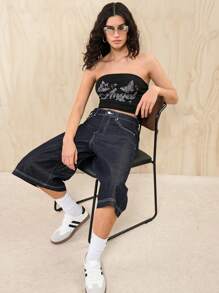 SHEIN EZwear Rhinestone Butterfly & Letter Graphic Drawstring Side Tube Top