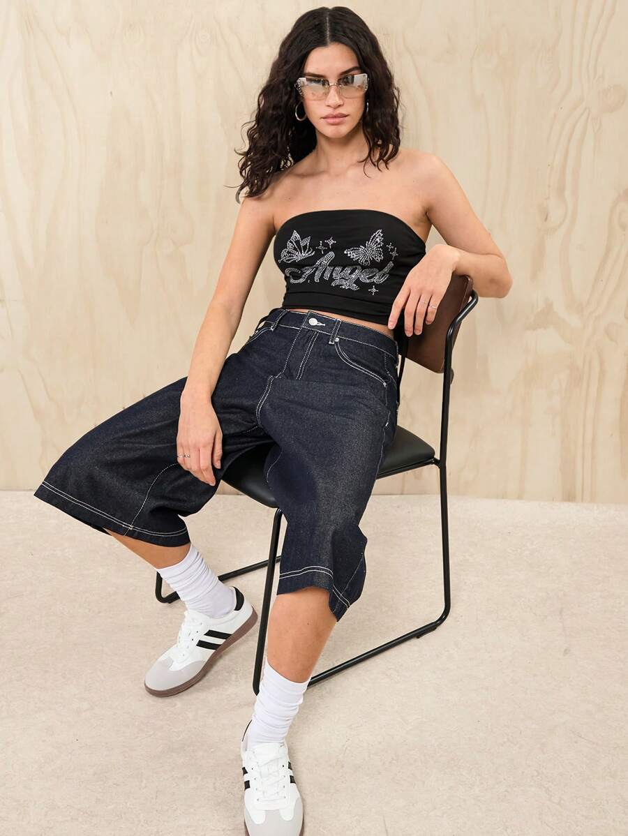 SHEIN EZwear Rhinestone Butterfly & Letter Graphic Drawstring Side Tube Top