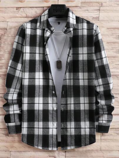 Manfinity Homme 男士格子单排扣休闲长袖衬衫，秋季，适合秋季