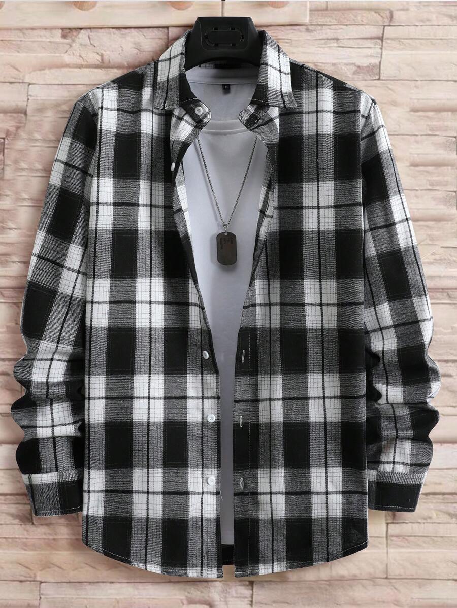 Manfinity Homme 男士格子单排扣休闲长袖衬衫，秋季，适合秋季 - 彩色 - 查看 1