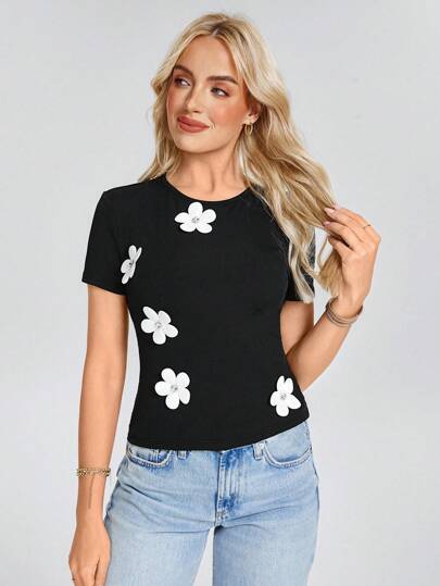 SHEIN LUNE 女士 3D 花卉印花圆领短袖修身休闲 T 恤