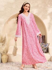 SHEIN Teen Girl Pink Ditsy Floral Robe With Ruffled Collar, Vacation/Travel, Spring & Summer - Pink - View 5