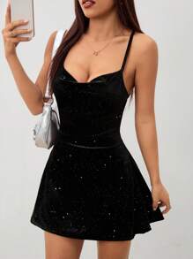 SHEIN PETITE Lim-Fit Glitter Velvet Backless Cinched Waist Mini Dress