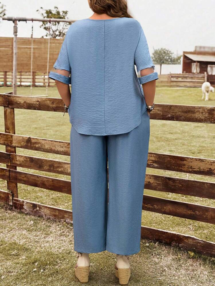 Summer 2 Pieces Set Women Plus Size Lace Patchwork Blue Shirt And Pants Set, Western Wear Women, Vacation Outfits Woman, Boho Outfits Women, St Patrick Day Outfit, Summer Outfits For Women,