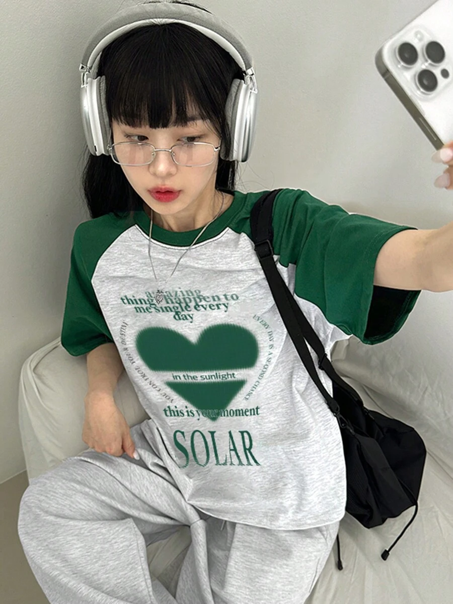 DAZY 女式拼色印花圆领宽松T恤夏季图案T恤 - 墨綠色 - 查看 1