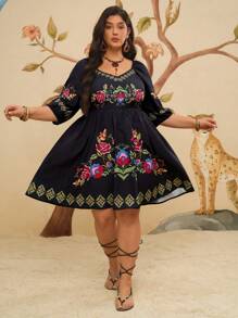 Travachic Plus Size Women Boho Casual Floral Print Black Short Dress, For Summer - Black - View 6