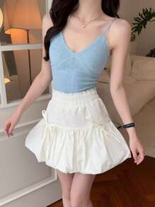 DAZY Falda con cintura elástica y lazo de unicolor para mujer, de verano