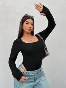 SHEIN EZwear 2pcs Black & Gray Plus Size Crew Neck Long Sleeve Bodysuit Set