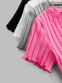 SHEIN 3-Pack Tween Girls Casual Versatile Comfy Knit Textured Soft Stretch Crew Neck Short Sleeve Tops, Suitable For Everyday Wear, Spring & Summer - Multicolor - View 6