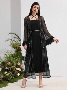 Modelyn 2 件套女士优雅派对亮片网眼流苏装饰喇叭袖长外套和露背连衣裙套装 - 黑色 - 查看 6