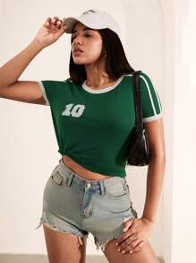 SHEIN Unity Women's Color Block Fitted Short Sleeve Top, Casual And Fashionable For Everyday Wear - Green - View 1