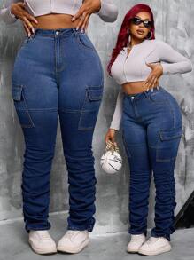 Slaydiva Celana Jeans Wanita Ukuran Besar Warna Gradien Ombre Pinggang Tinggi Elastis - Biru - View 1