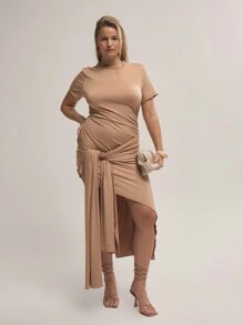 MUSERA Plus Size Slinky Short Sleeve Tie Side Asymmetric Hem Mini Dress For Black And White,Summer,Elegant,Date Night,Girls Night,Wedding Guest Outfit - Khaki - View 1