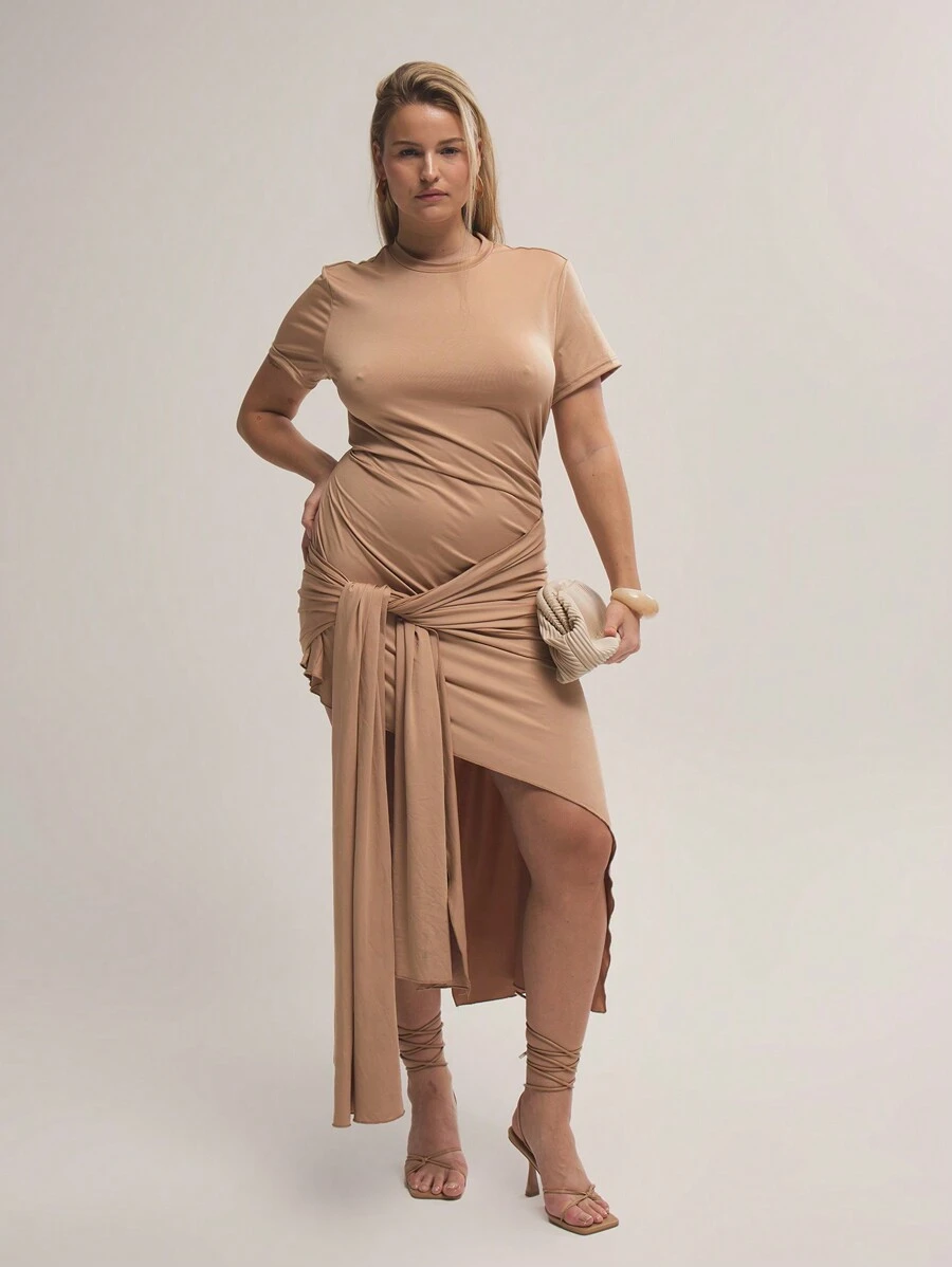 MUSERA Plus Size Slinky Short Sleeve Tie Side Asymmetric Hem Mini Dress For Black And White,Summer,Elegant,Date Night,Girls Night,Wedding Guest Outfit - Khaki - View 1