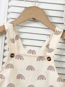 SHEIN Vintaside Kids 2pcs/Set Young Boys' Summer Fashion Knitted Graphic Printed Half-Circle Pattern Bib Pants + Bucket Hat Set, Suitable For Casual, School, Travel, Holiday, Relaxation, Summer