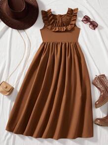 SHEIN Braunes A-Linien-Kleid mit Rüschenbesatz und quadratischem Ausschnitt für Tween-Mädchen, neue Frühjahr/Sommer-Kollektion 2025, geeignet für den Sommerurlaub, den Alltag, Ausflüge und gesellschaftliche Veranstaltungen