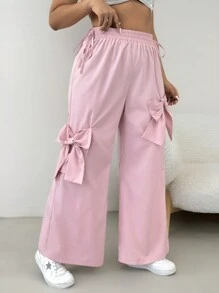 SHEIN CURVE+ CURVE PLUS /Ngày Valentine/Quần ống rộng dáng suông màu trơn dành cho nữ, trang trí nơ bên hông, kiểu dáng ngày Valentine - Hồng - Xem 3