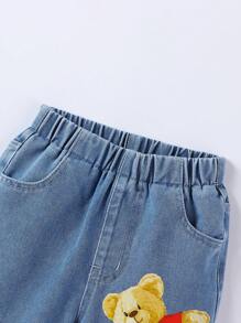 SHEIN 2 件套年轻男孩休闲都市街头风格柔软白色短袖 T 恤熊印花牛仔锥形裤，配有松紧腰带和口袋 - 白色 - 查看 6