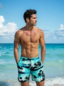 Manfinity Swimmode Men's Palm Tree Print Drawstring Waist Pocket Beach Shorts