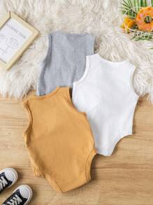 SHEIN Leap Crew 3pcs Set Baby Boys Bodysuit, Sleeveless Solid Color Knitted Open Crotch Bodysuit - Multicolor - View 2