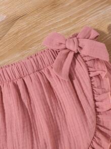 Young Girl Woven Solid Color Fitted Casual Shorts - Pink - View 5