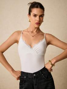 Poéselle Women's Solid Color Contrast Lace Casual Bodysuit With Spaghetti Straps