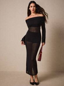 Poéselle Vestido de punto sin tirantes elegante de manga larga con abertura en el bajo y color sólido, vestidos para mujer, atuendos de vacaciones, vestido hombros descubiertos, suéteres de otoño, vestidos elegantes, vestido, vestidos de vacaciones para atuendos de otoño e invierno, uso diario elegante y chic, ropa de mujer de otoño.