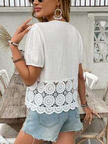 Breezaya Camisa de mujer informal con unicolor, bajo empalmado con adorno de encaje, y cintura con cordón