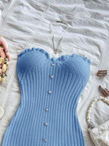Soleia Sexy & Comfortable Fitted Knit Dress With Button And Ruffle Hem, Camisole Style - Baby Blue - View 5