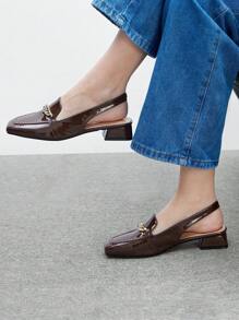 CUCCOO BIZCHIC Coffee Brown Patent Leather Shiny Chain Strap Low Heel Square Toe Flats, Fashion Casual Commuting, Dating, Party, Holiday Shoes For Women Spring Shoes Spring Break Easter For Christmas Spring Shoes - Coffee Brown - View 5