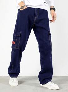 Manfinity Homme Men's Letter Print Cargo Pocket Straight Leg Jeans - Dark Wash - View 3