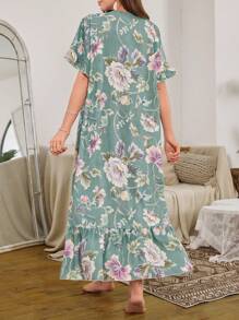 Bubble Ruffled Floral Print Long Nightgown Babydoll Luxeloungewear, Moo Moo - Multicolor - View 2