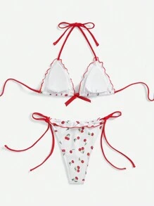 SHEIN MOD 女士可爱樱桃印花泳衣套装，适合约会、度假，适合夏季海滩度假 - 彩色 - 查看 2