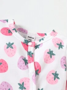 2pcs/Set Newborn Baby Cute Strawberry Print Comfortable & Easy To Wear Long Sleeve Footed Romper, Fashionable Sleepwear - Pink - View 6
