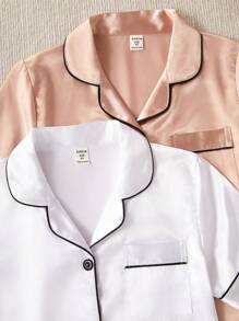 4pcs Tween Girl Casual Solid Color V-Neck Shirt , Short Sleeve Top, And Shorts Loungewear Set, Comfortable Satin - Multicolor - View 6