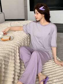 DAZY 2pcs/Set Loose Short Sleeve Printed Women Loungewear Set Pajama - Mauve Purple - View 6