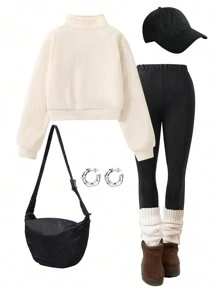 SHEIN Tween Girl Half-Placket Contrast Zipper Stand Collar Ribbed Cuff & Hem Sweatshirt & Leggings Set - Apricot - View 2