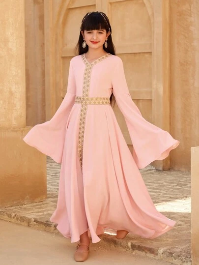 SHEIN Tween Girl' High Slit Long Sleeve Solid Color Dress, New Fashion Style Suitable For Holiday Parties,  Spring/Summer