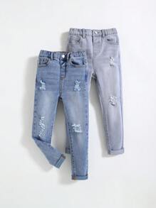 SHEIN 年轻男孩 2 件休闲时尚简约时尚舒适浅蓝色和深蓝色牛仔弹力男孩牛仔裤，适合狂欢装扮节日和日常穿着 - 彩色 - 查看 1