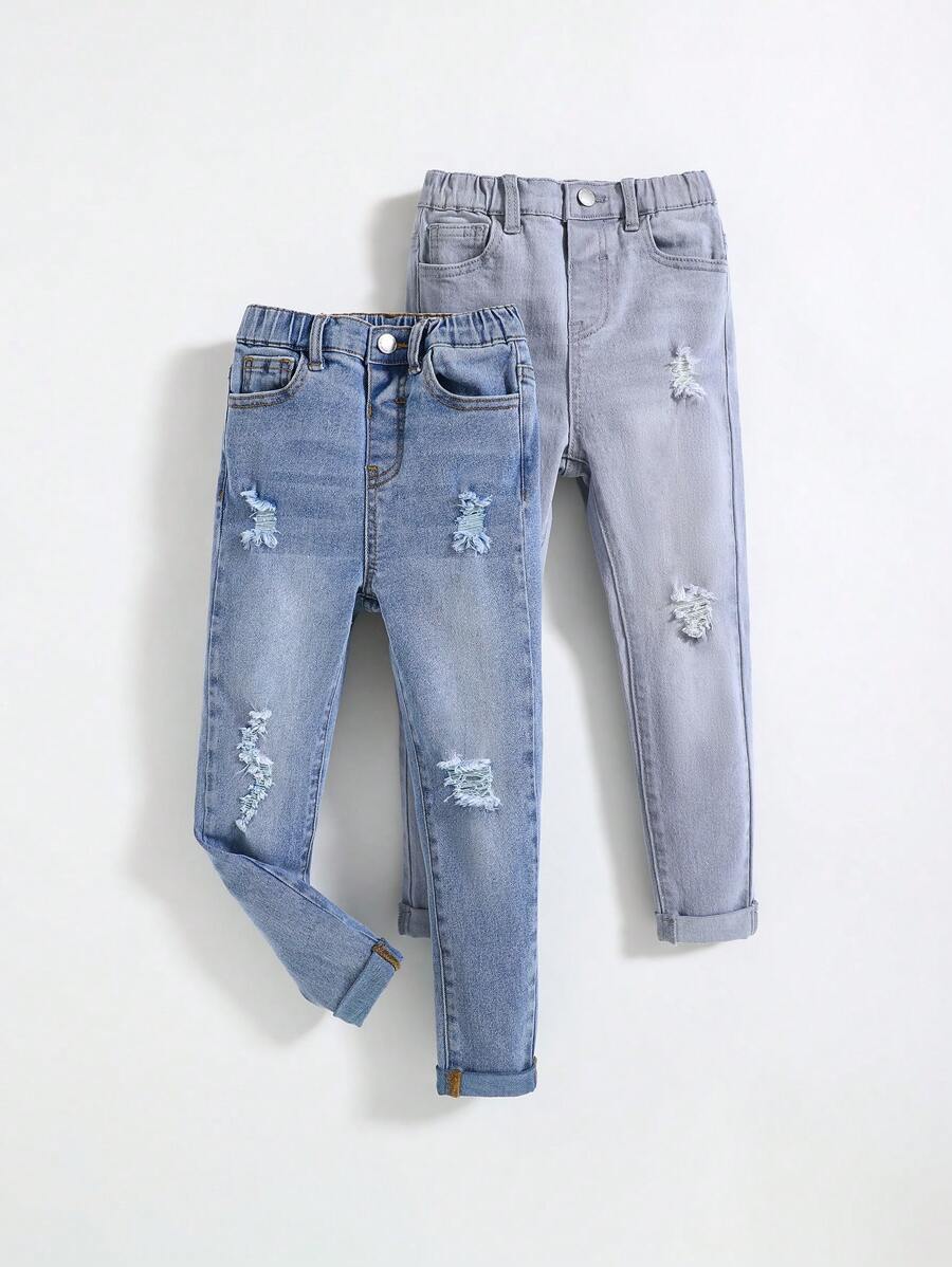 SHEIN 年轻男孩 2 件休闲时尚简约时尚舒适浅蓝色和深蓝色牛仔弹力男孩牛仔裤，适合狂欢装扮节日和日常穿着 - 彩色 - 查看 1