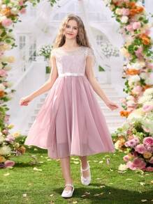 Girls Lace Trim Colorblock Bow Belt Dress, Short Sleeve, Pink, Suitable For Wedding Season, Spring/Summer - Baby Pink - View 1