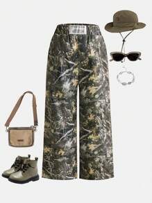 SHEIN Boys' Branch Maple Leaf Abstract Camo Cool Comfortable Versatile Fashion Wide Leg Pants - Multicolor - View 1