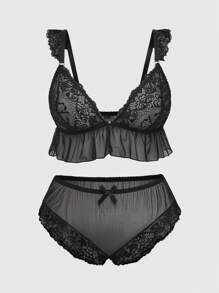 ROMWE Goth Conjunto de sujetador de triángulo sin aros y pantis con encaje en forma de corazón gótico para tallas grandes