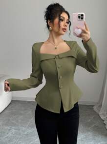 Elenzga Women's French Elegant Olive Green Blouse,Fall Winter Office Commute Square Trapeze Collar Front Button Waistline A-Line Long Sleeve Fall Cloth - Army Green - View 7