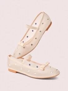 CUCCOO DOLLMOD Fashionable Apricot Color Full Rhinestone Net Mesh Mary Janes Ballet Flats, Cute & Sweet For School/Student Spring Shoes Spring Break Easter - Apricot - View 2