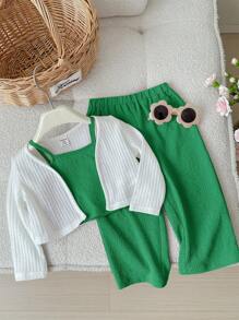 SHEIN LMoss Kids Ensemble de 3 pièces pour bébé fille : veste tricotée mignonne à manches longues, débardeur unicolore et pantalon long - Vert - Voir 7