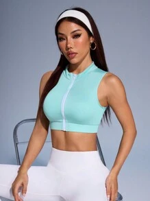 Easithlete Top corto sportivo attillato con cerniera frontale semplice - Verde - Visualizzare 5