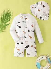 SHEIN Young Boy Cartoon Dinosaur Print Raglan Sleeve One-Piece Swimsuit With Shorts Summer Holiday
